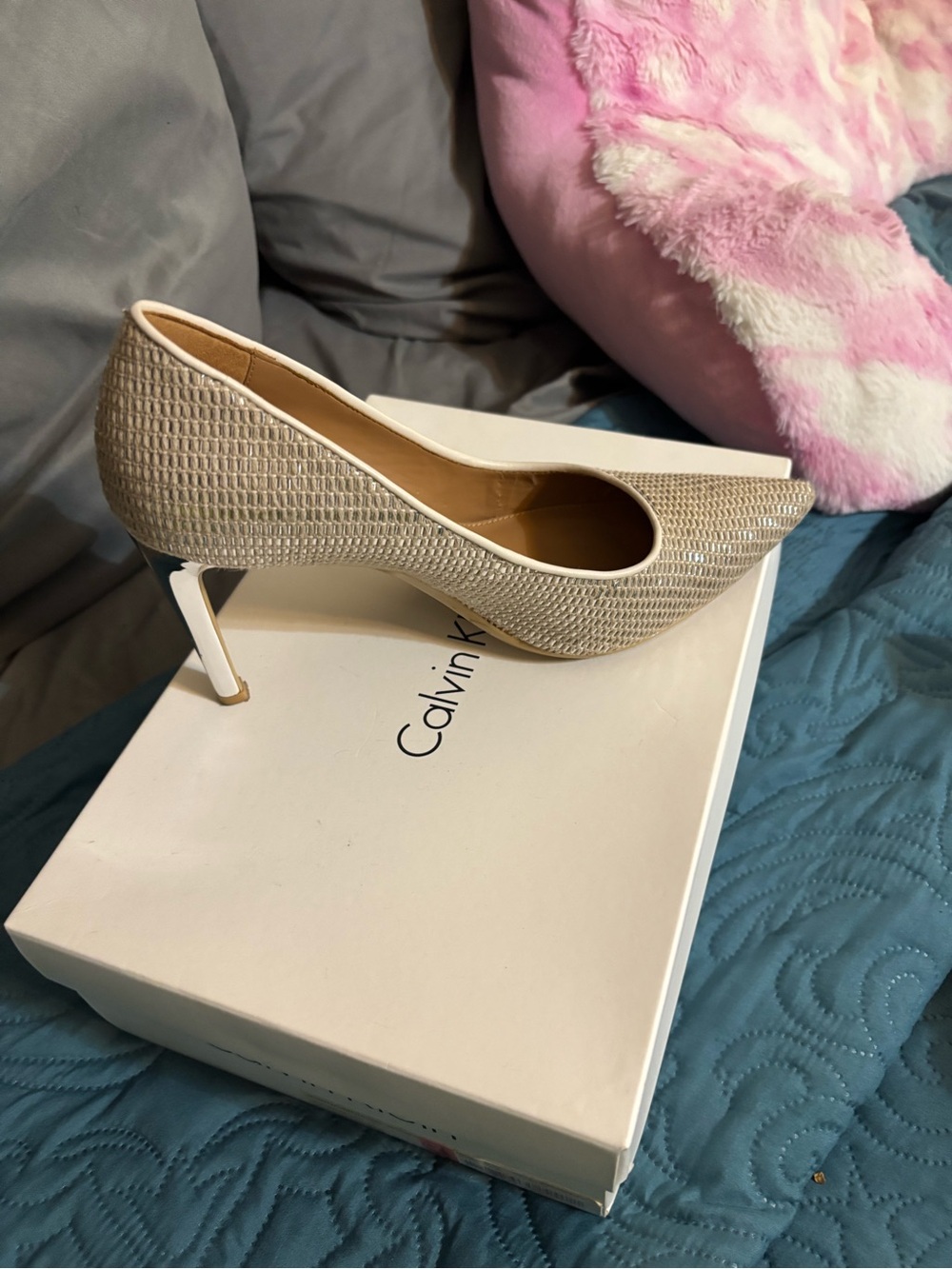 Calvin Klein Taupe Textured Pointed-Toe Stiletto Pump